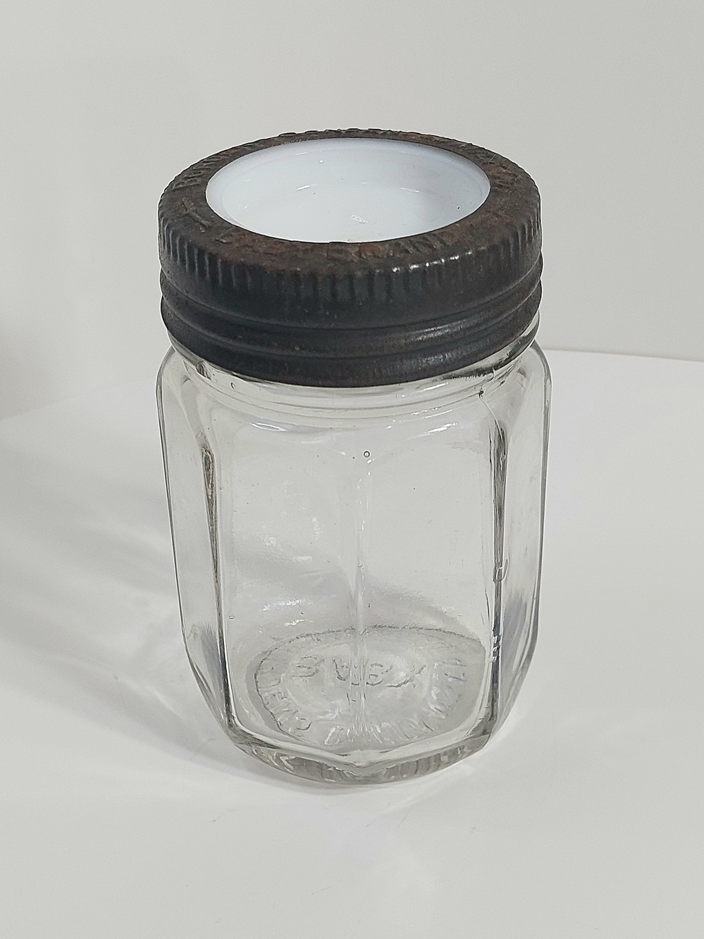 Antique Borden's Clear Baby Jar w/ Metal Screw Band & White Milk Glass Lid